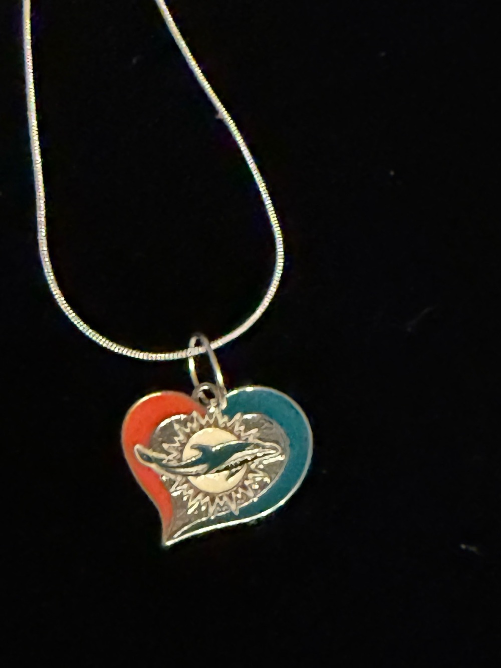 Heart Pendant Necklace with Dolphin Motif in orange and Teal